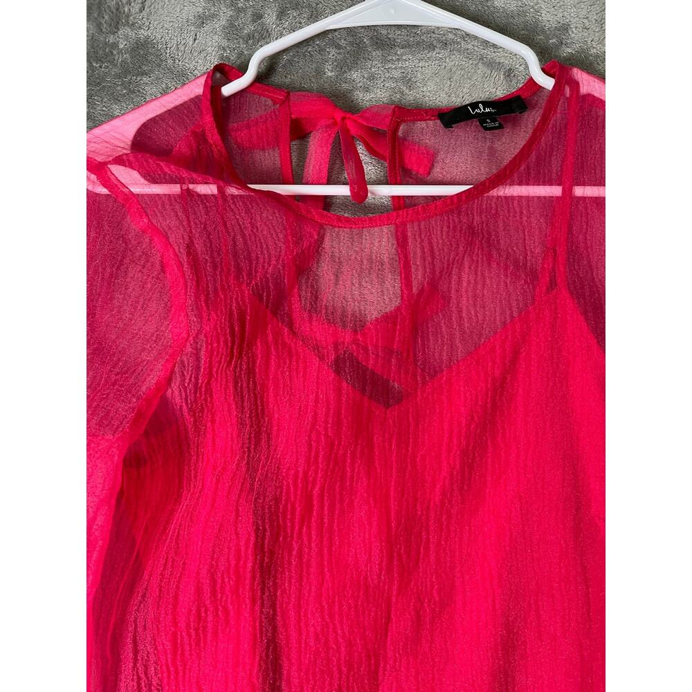 Lulus Hot Pink Sheer Tie Back Blouse Coquette Romantic Feminine Long Sleeve S - Picture 2 of 8